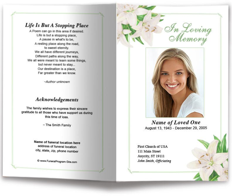 White Lilies Funeral Program Template - The Funeral Program Site