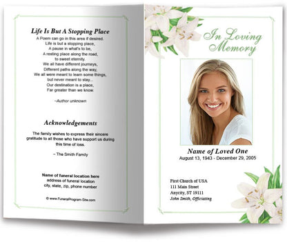 White Lilies Funeral Program Template - The Funeral Program Site